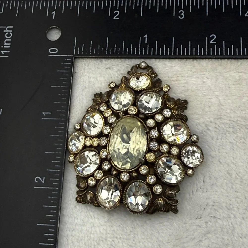 Vintage Dress Clip Silver Tone Clear Rhinestone Art Deco Revival Floral